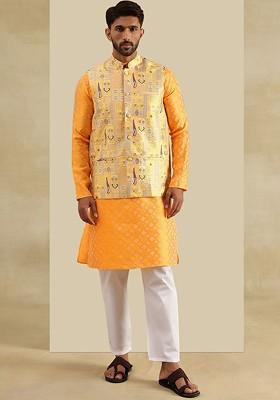 Yellow Woven Poly Blend Kurta Set For Men