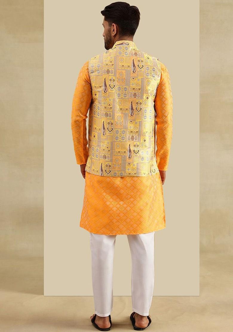 Yellow Woven Poly Blend Kurta Set For Men