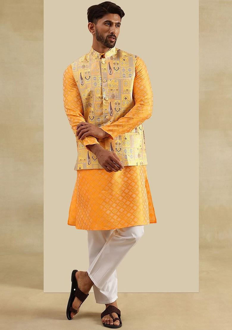 Yellow Woven Poly Blend Kurta Set For Men