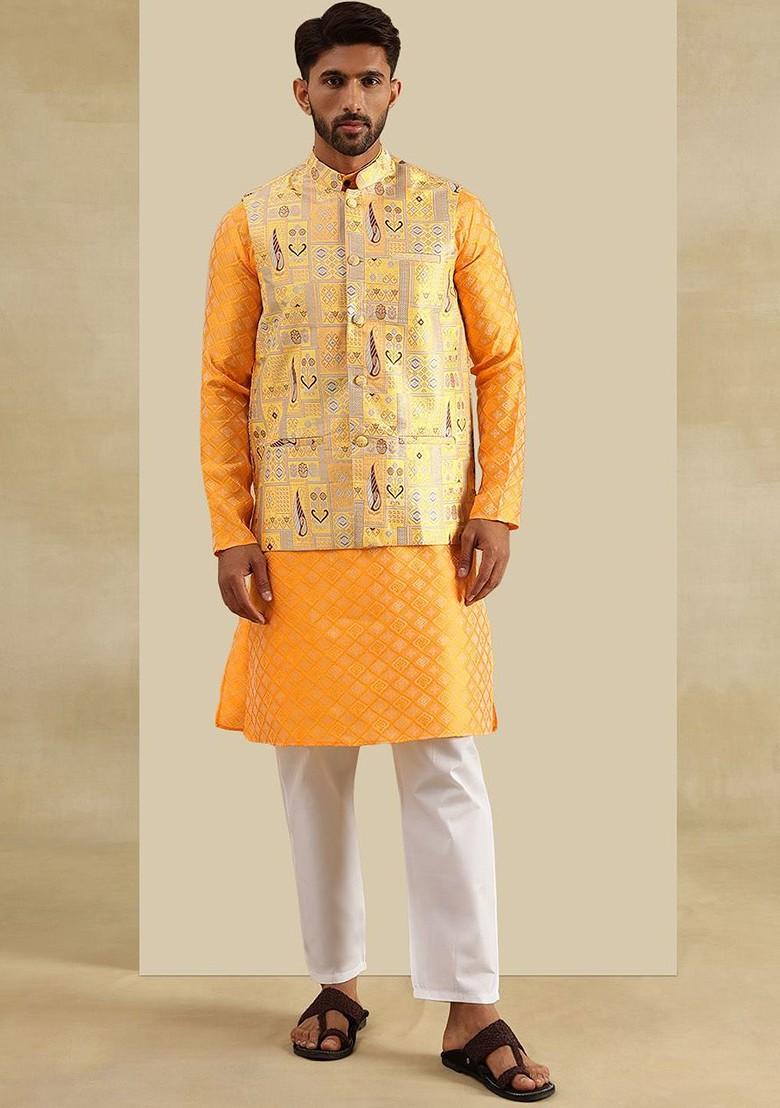 Yellow Woven Poly Blend Kurta Set For Men
