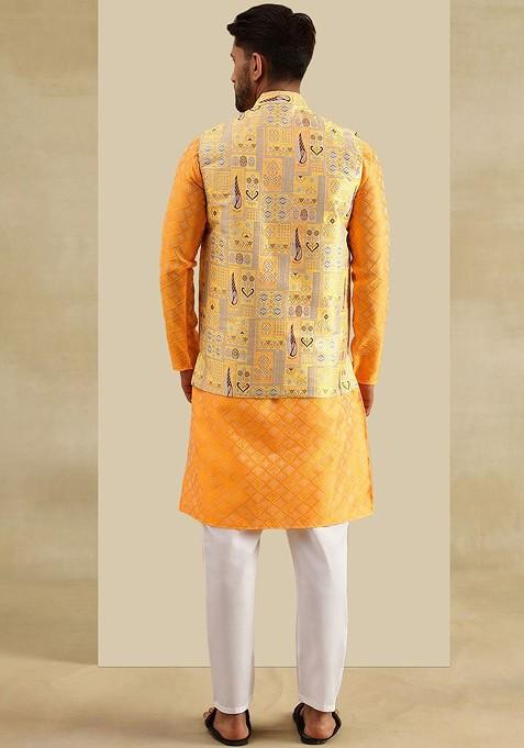 Yellow Woven Poly Blend Kurta Set For Men