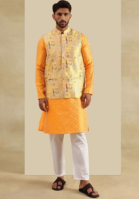 Yellow Woven Poly Blend Kurta Set For Men