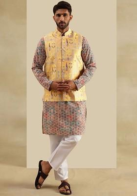 White Woven Poly Blend Kurta Set For Men
