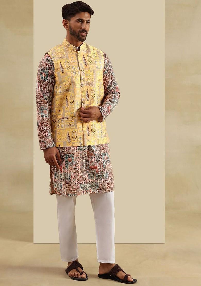 White Woven Poly Blend Kurta Set For Men