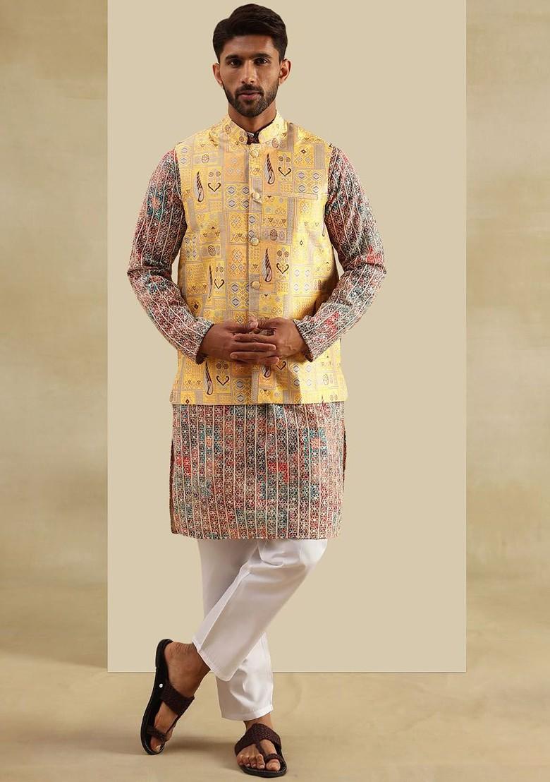 White Woven Poly Blend Kurta Set For Men
