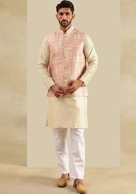 Cream Woven Poly Blend Kurta Set For Men
