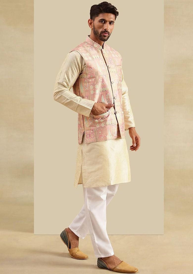 Cream Woven Poly Blend Kurta Set For Men