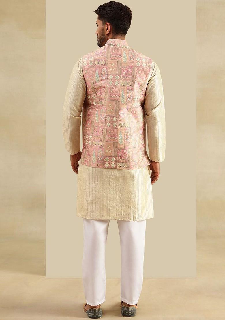 Cream Woven Poly Blend Kurta Set For Men