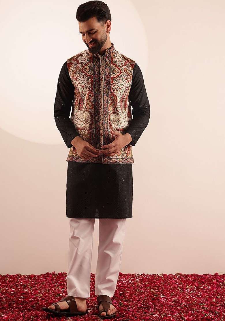 Black Geometric Print Poly Blend Kurta Set For Men - Indya