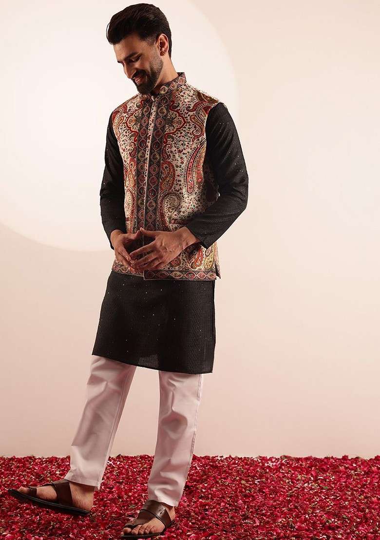 Black Geometric Print Poly Blend Kurta Set For Men - Indya