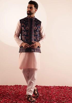 Pink Geometric Print Poly Blend Kurta Set For Men