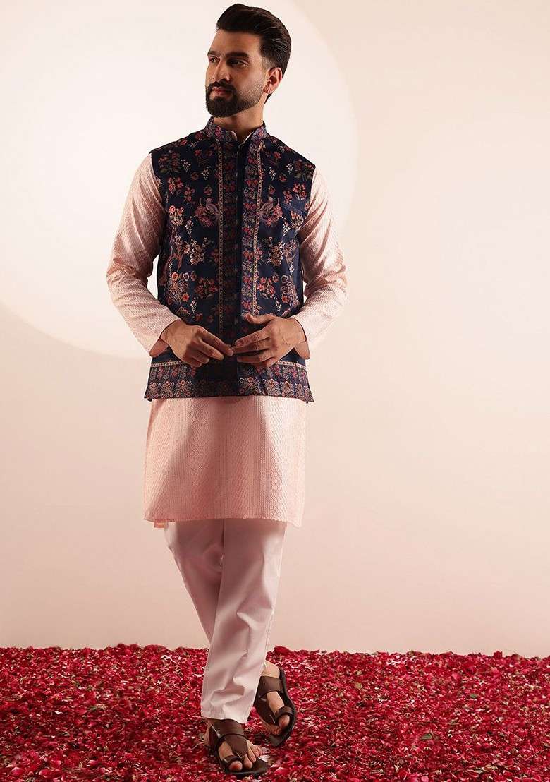 Pink Geometric Print Poly Blend Kurta Set For Men - Indya