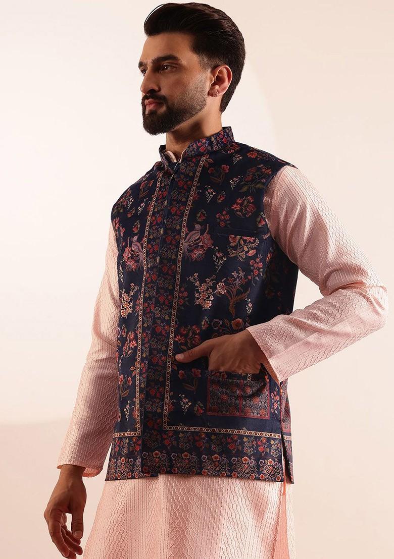 Pink Geometric Print Poly Blend Kurta Set For Men