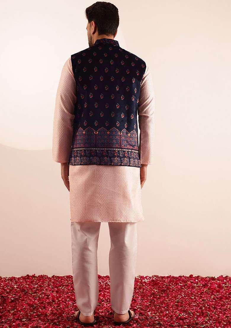 Pink Geometric Print Poly Blend Kurta Set For Men - Indya