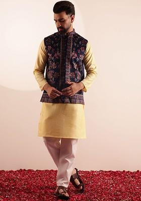 Yellow Geometric Print Poly Blend Kurta Set For Men