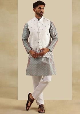 Green Woven Jacquard Kurta Set For Men