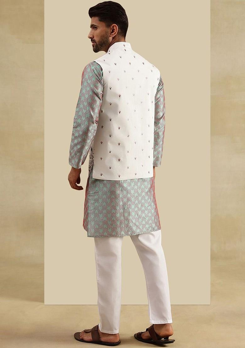 Green Woven Jacquard Kurta Set For Men