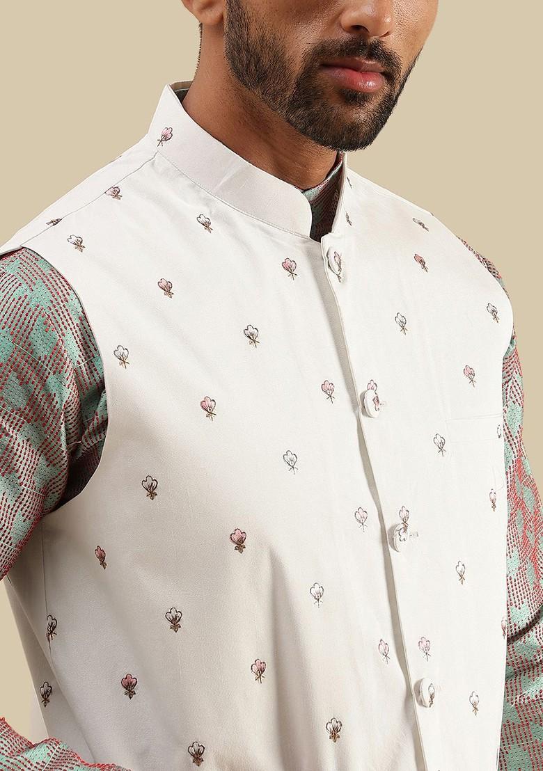 Green Woven Jacquard Kurta Set For Men