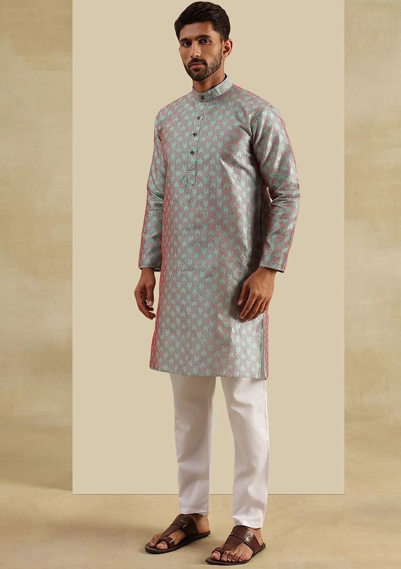 Green Woven Jacquard Kurta Set For Men