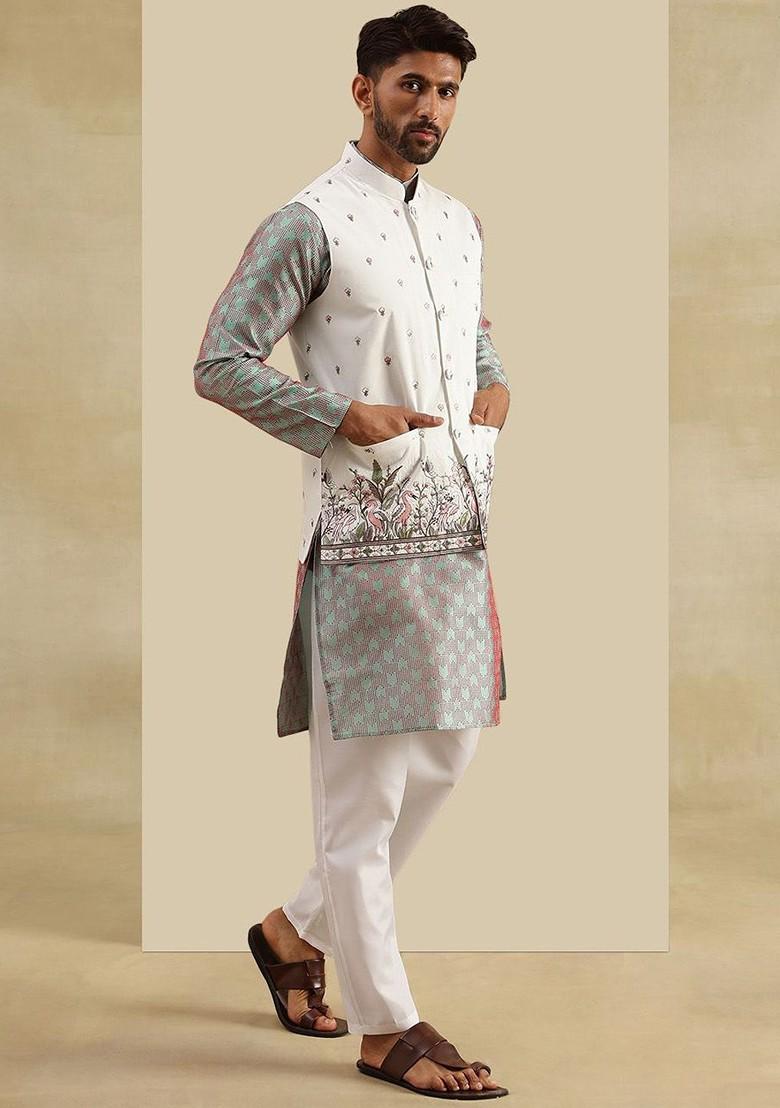 Green Woven Jacquard Kurta Set For Men