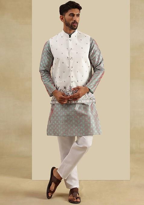 Green Woven Jacquard Kurta Set For Men