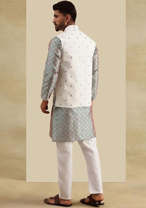 Green Woven Jacquard Kurta Set For Men