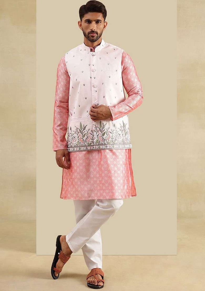 Peach Embroidered Poly Blend Kurta Set For Men - Indya