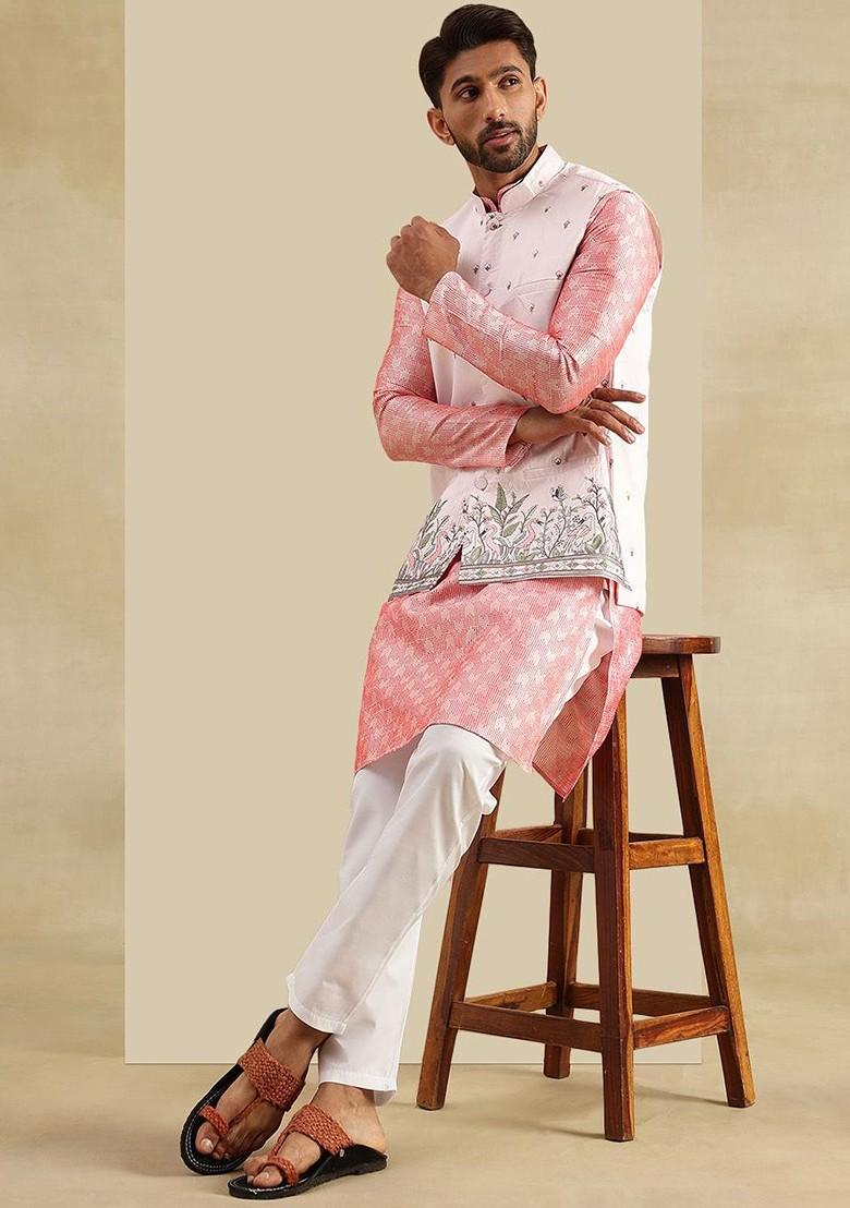Peach Embroidered Poly Blend Kurta Set For Men