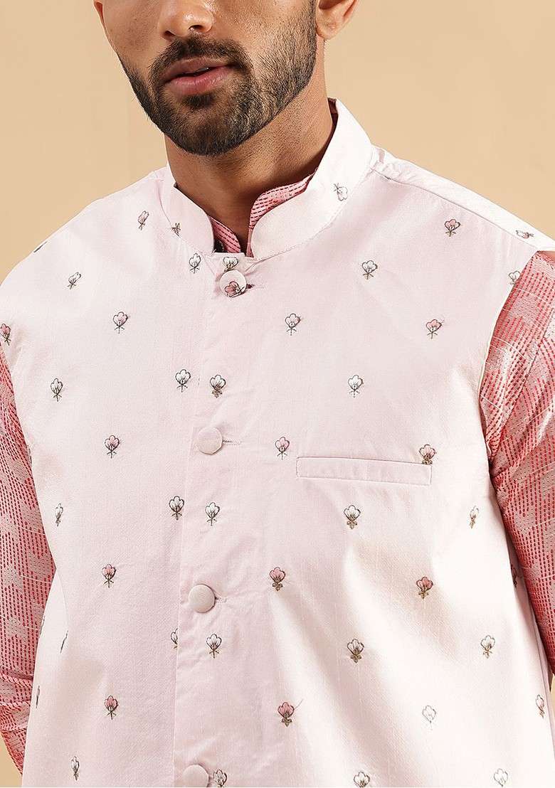Peach Embroidered Poly Blend Kurta Set For Men - Indya