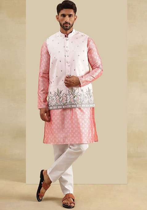 Peach Embroidered Poly Blend Kurta Set For Men