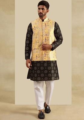 Black Ethnic Motifs Poly Blend Kurta Set For Men