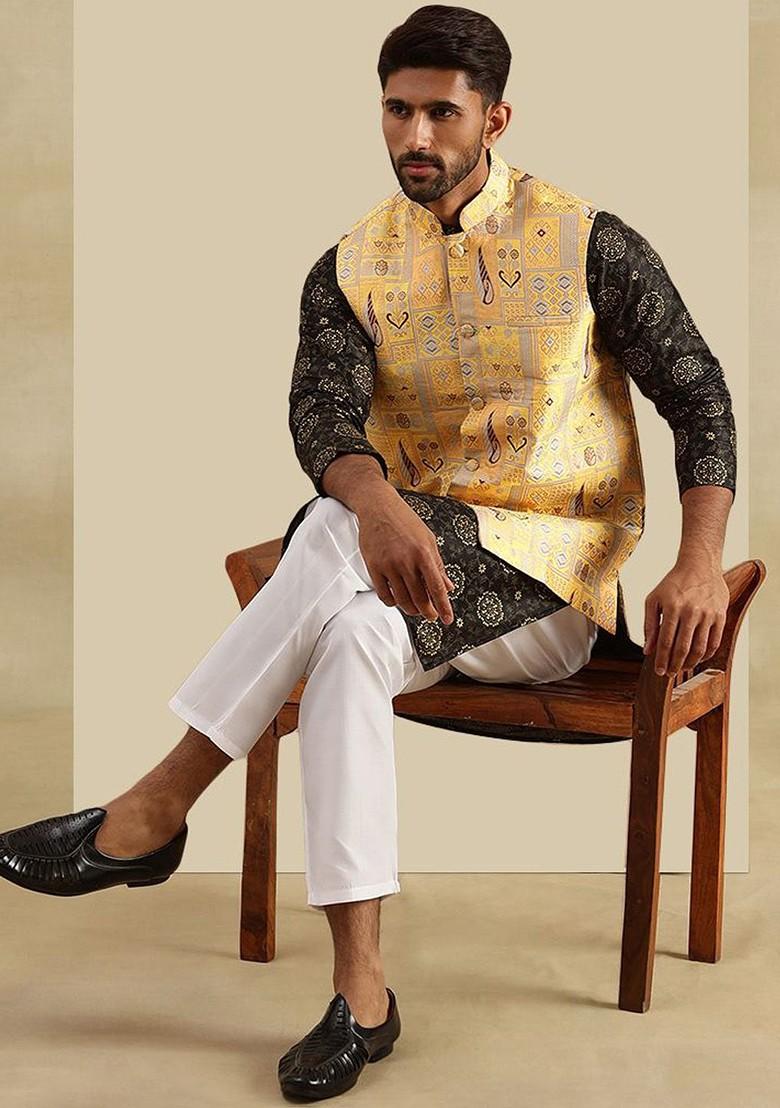 Black Ethnic Motifs Poly Blend Kurta Set For Men
