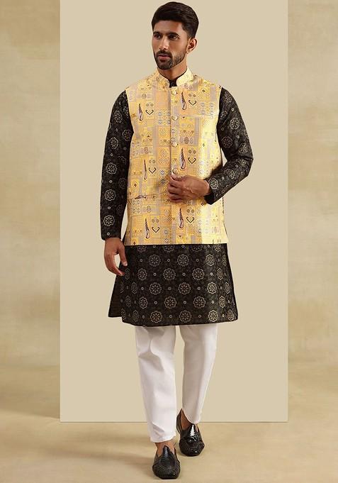 Black Ethnic Motifs Poly Blend Kurta Set For Men