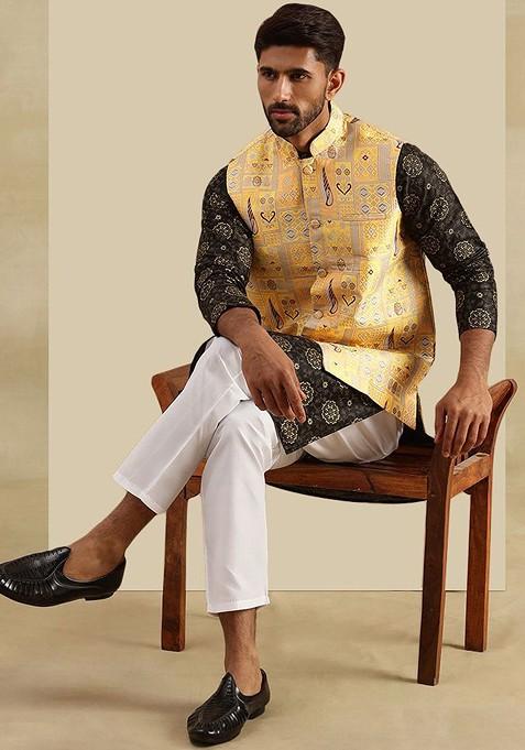 Black Ethnic Motifs Poly Blend Kurta Set For Men