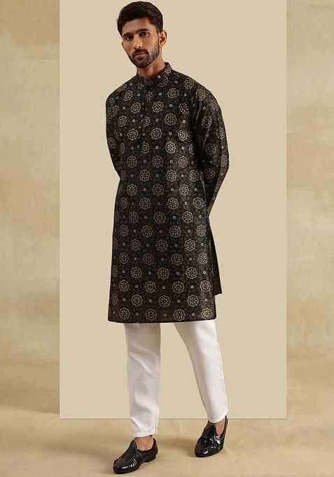 Black Ethnic Motifs Poly Blend Kurta Set For Men