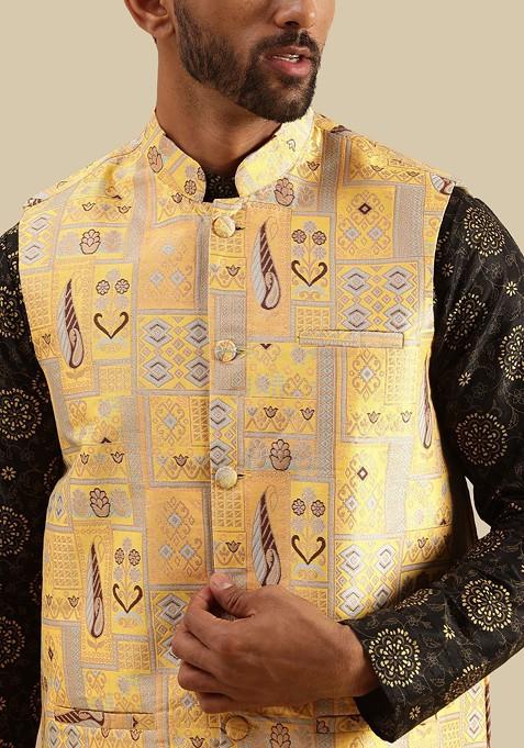 Black Ethnic Motifs Poly Blend Kurta Set For Men
