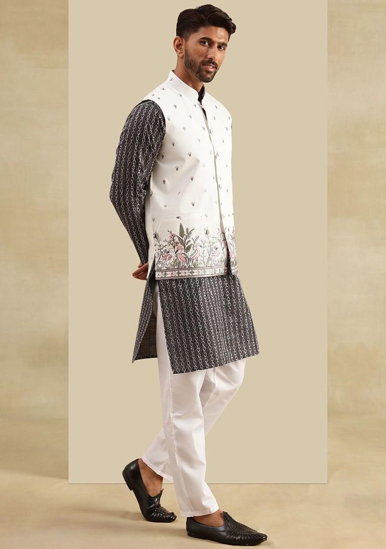 Black Embroidered Poly Blend Kurta Set For Men