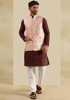 Red Woven Poly Blend Kurta Set For Men
