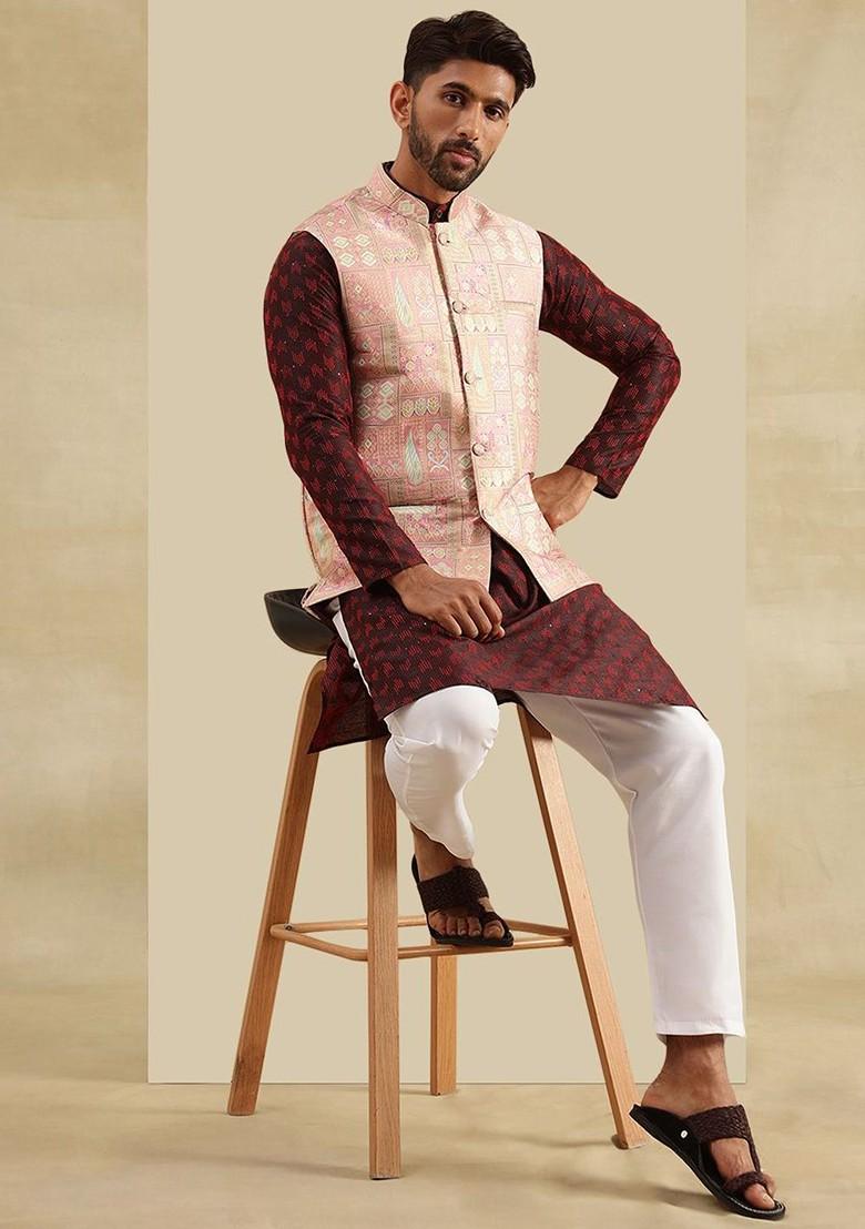 Red Woven Poly Blend Kurta Set For Men