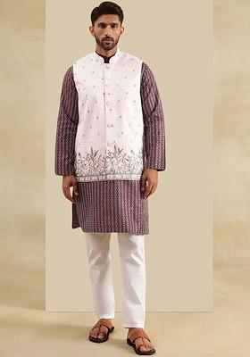 Burgundy Embroidered Poly Blend Kurta Set For Men