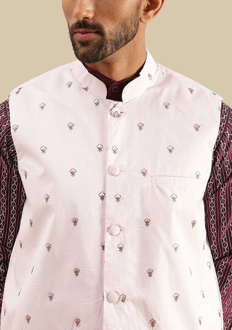 Burgundy Embroidered Poly Blend Kurta Set For Men
