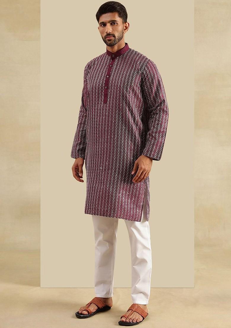 Burgundy Embroidered Poly Blend Kurta Set For Men