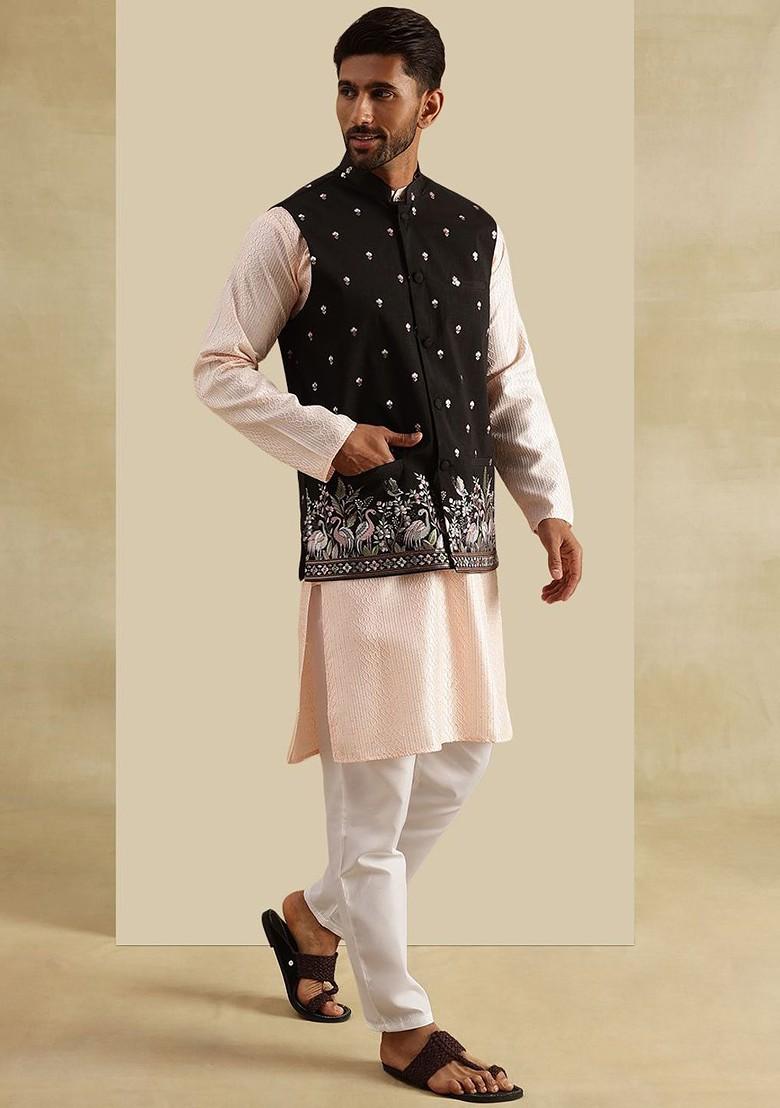 Pink Embroidered Poly Blend Kurta Set For Men