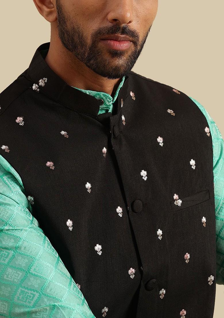 Green Woven Poly Blend Kurta Set For Men