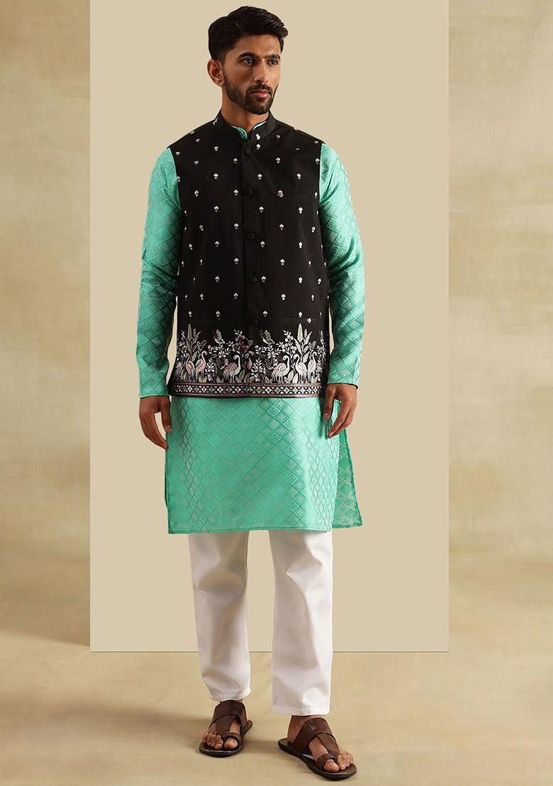 Green Woven Poly Blend Kurta Set For Men