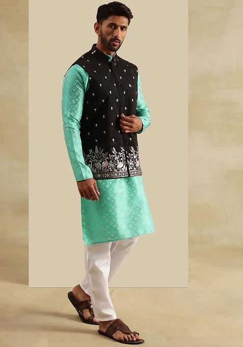 Green Woven Poly Blend Kurta Set For Men