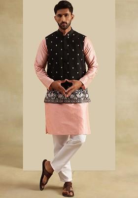 Pink Striped Poly Blend Kurta Set For Men
