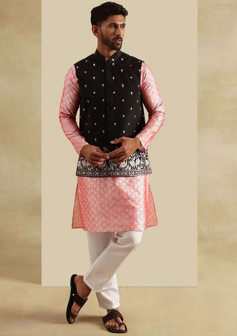 Peach Embroidered Poly Blend Kurta Set For Men - Indya