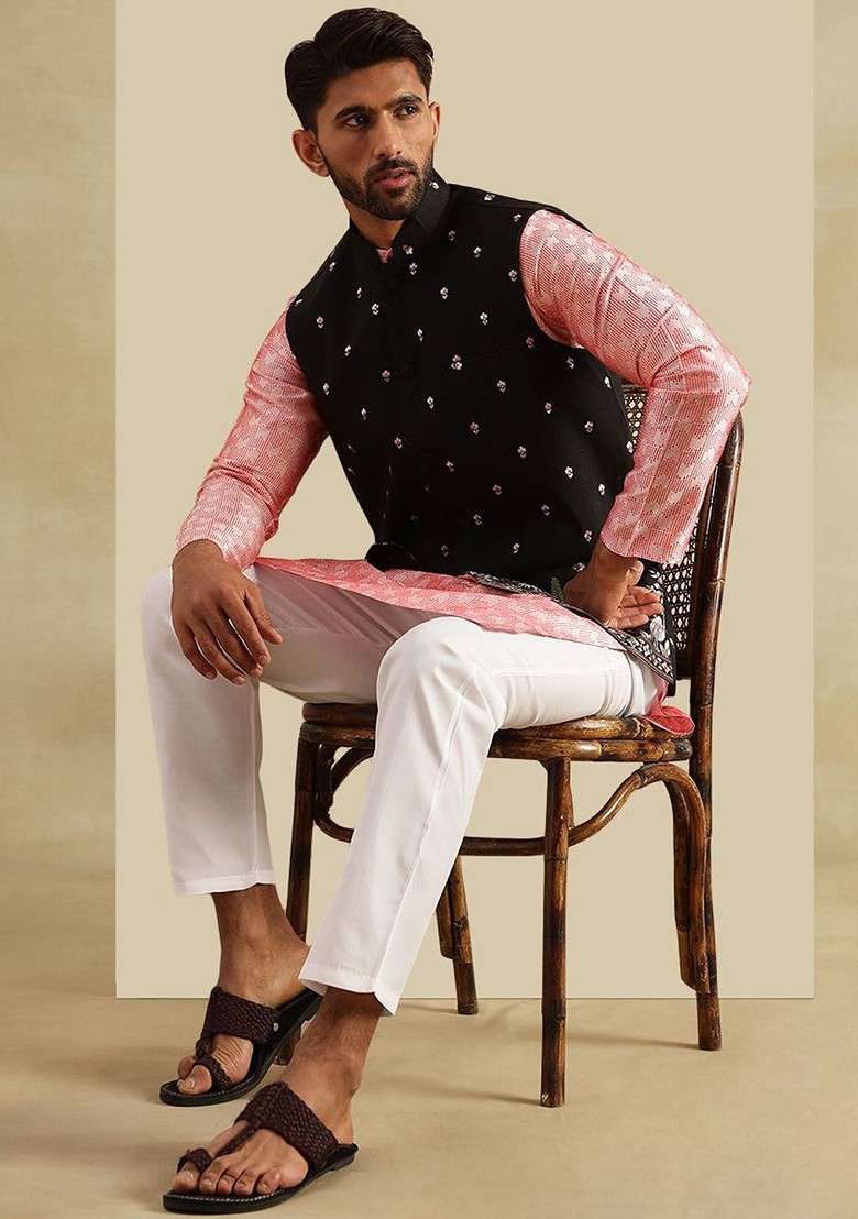 Peach Embroidered Poly Blend Kurta Set For Men - Indya