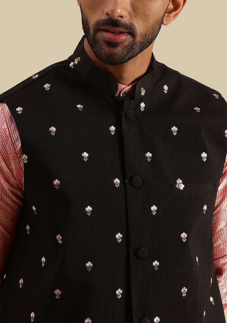 Peach Embroidered Poly Blend Kurta Set For Men - Indya